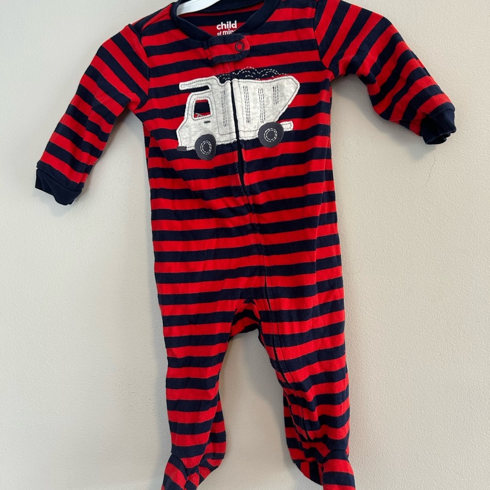 Carters 3/6m red & navy blue striped dump truck zip up sleeper